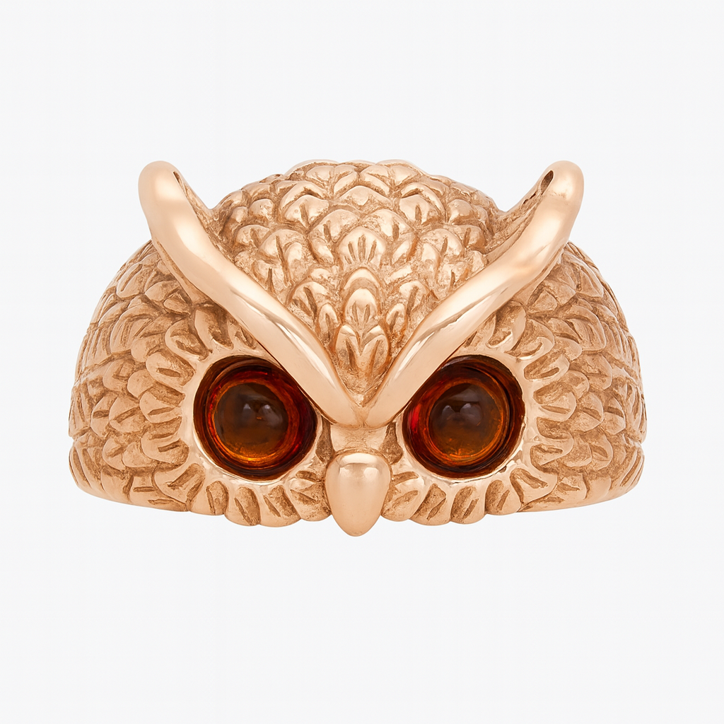 "Owl with Amber Eyes" – Sterling Silver Ring with Gold Plating