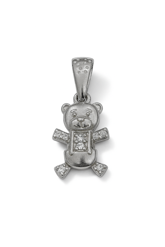 Sterling Silver Teddy Bear Pendant with White Zirconia