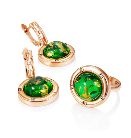 Комплект: Серьги и кольцо с янтарем "Сатурн"