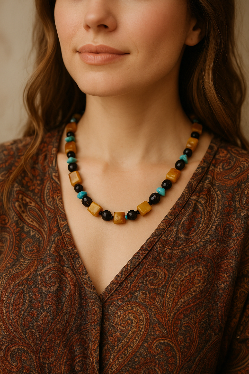 Колье «Гармония» из балтийского янтаря и бирюзы