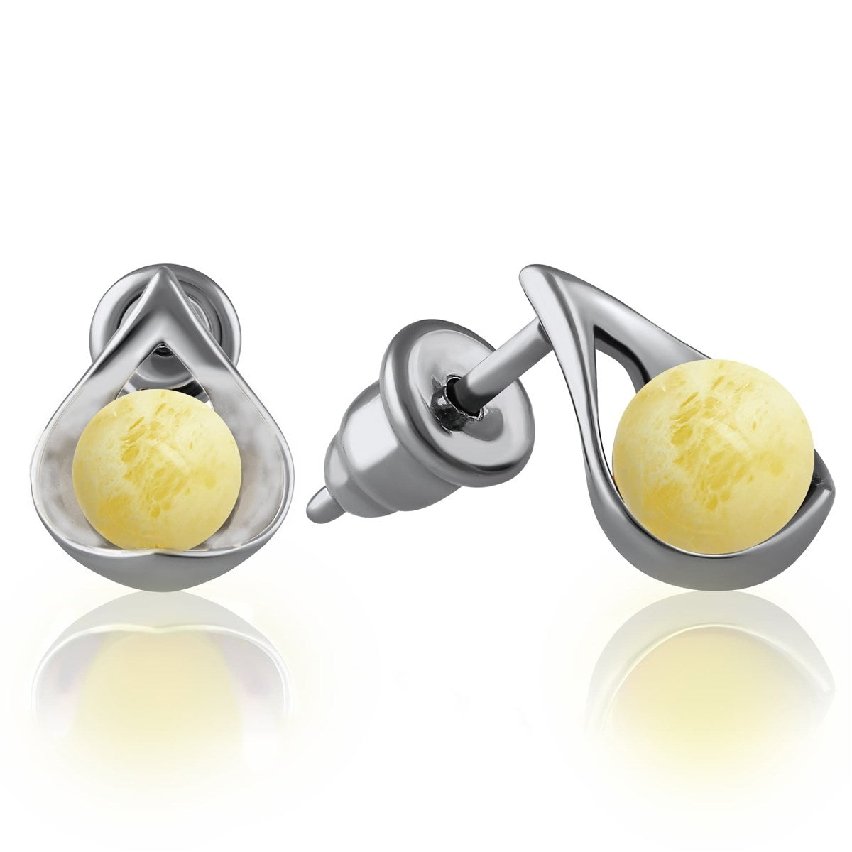 Ball White Amber Silver Stud Earrings — DARVIN (Pre-Order)