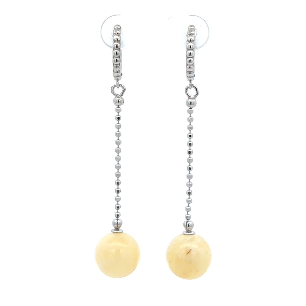 Ball White Amber Silver Earrings — DARVIN (Pre-Order)