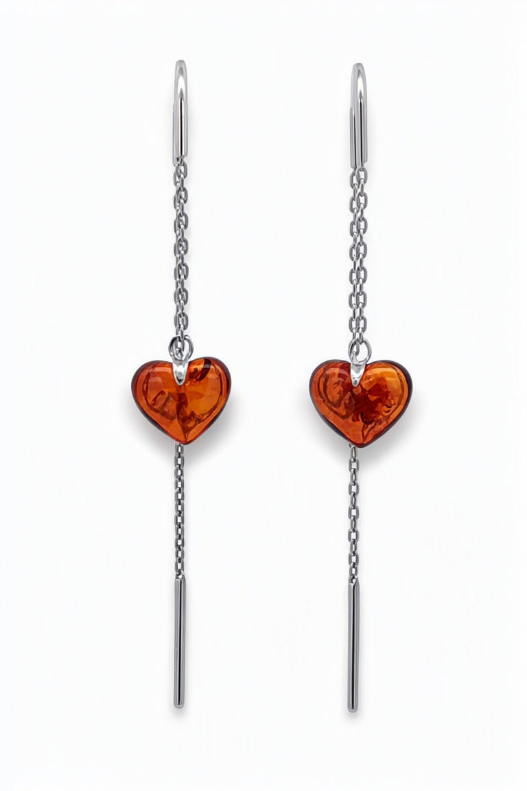 Heart Cognac Amber Silver Threader Earrings — DARVIN