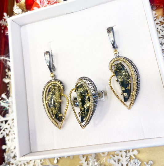 Set – Handmade earrings and ring with amber