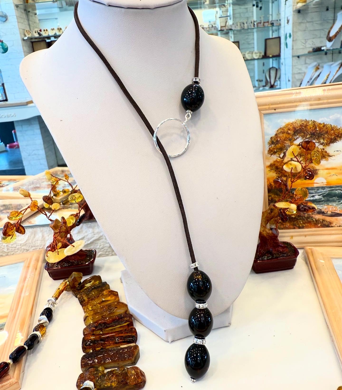 Boho Baltic Amber Pendant Necklace on Leather Cord
