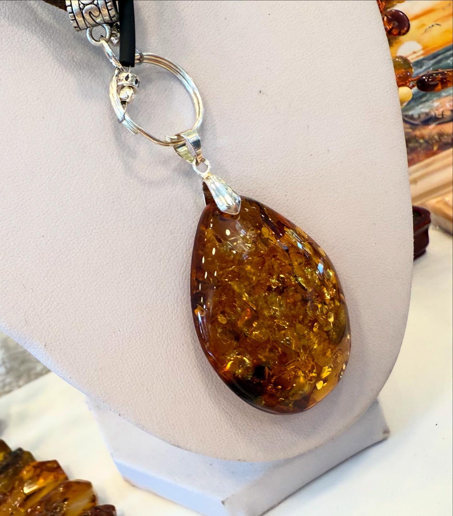 Boho Amber Pendant Necklace on Adjustable Leather Cord