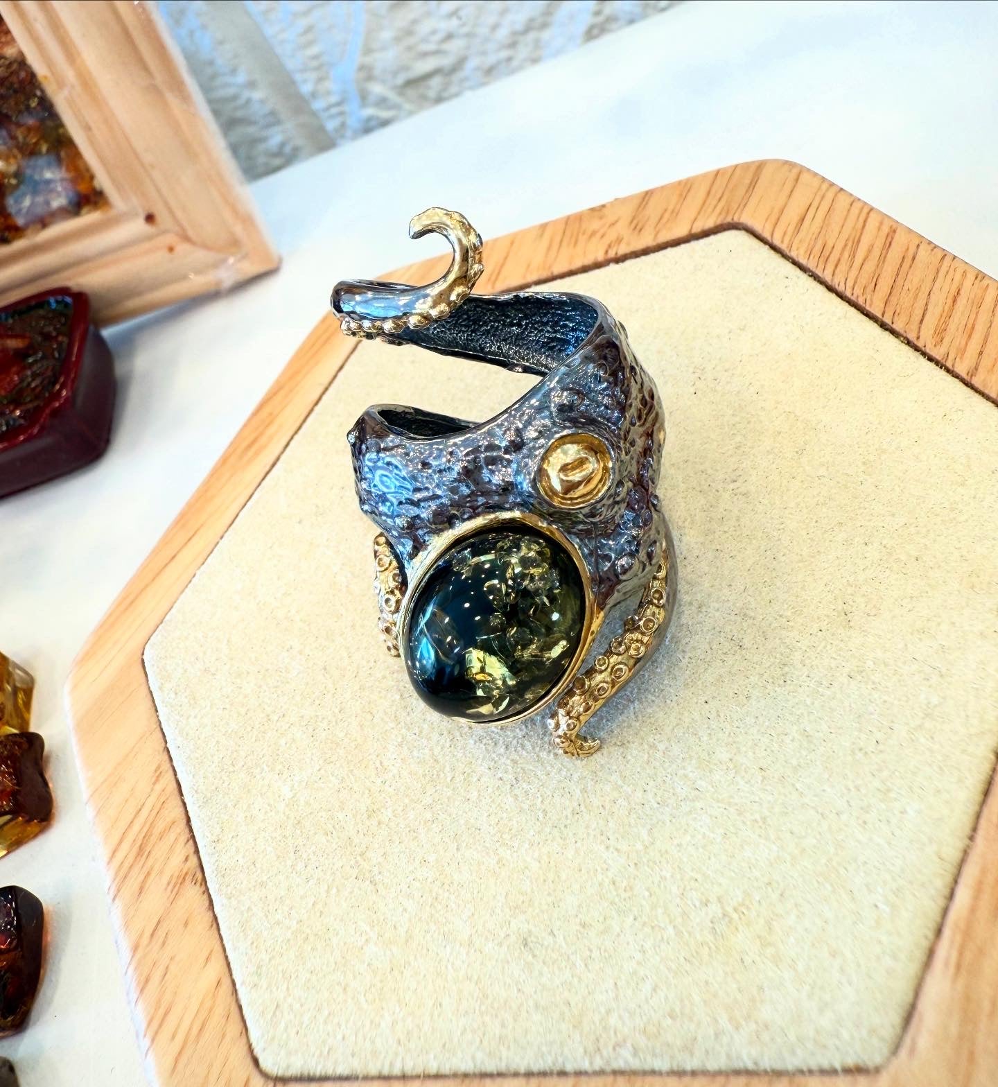 "Golden Kraken" Statement Amber Ring
