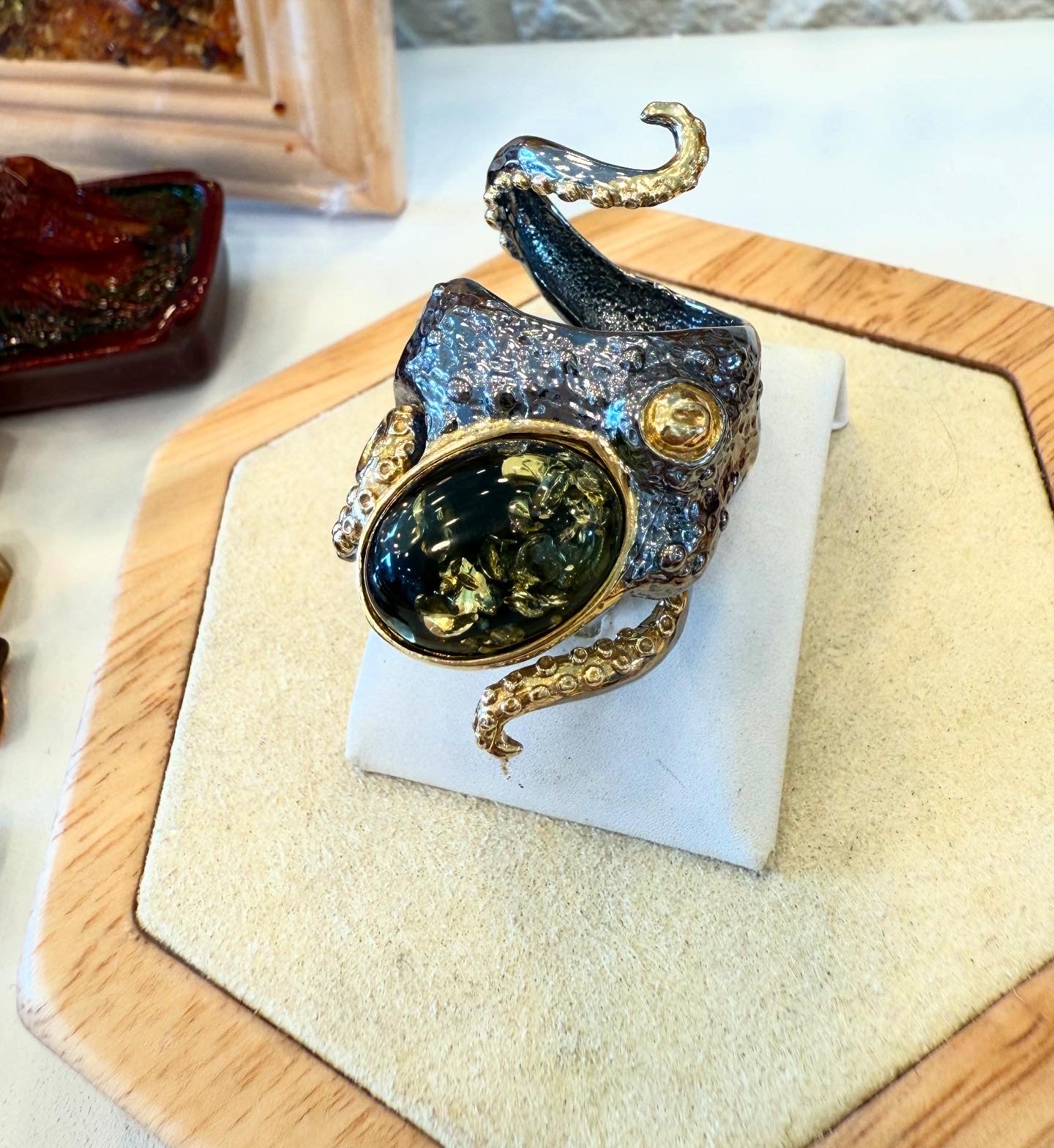"Golden Kraken" Statement Amber Ring