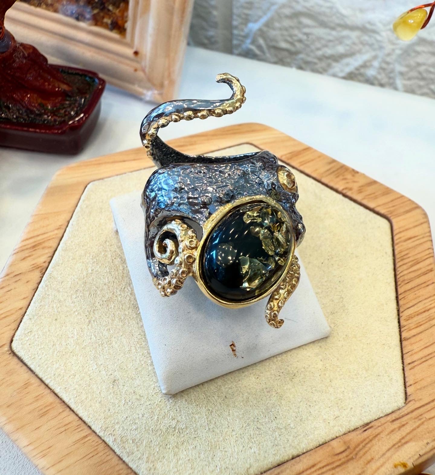 "Golden Kraken" Statement Amber Ring