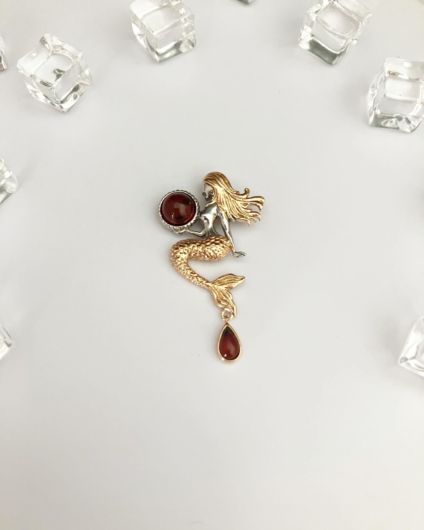 Pendant silver 925 samples with gilding and natural amber "Mermaid"