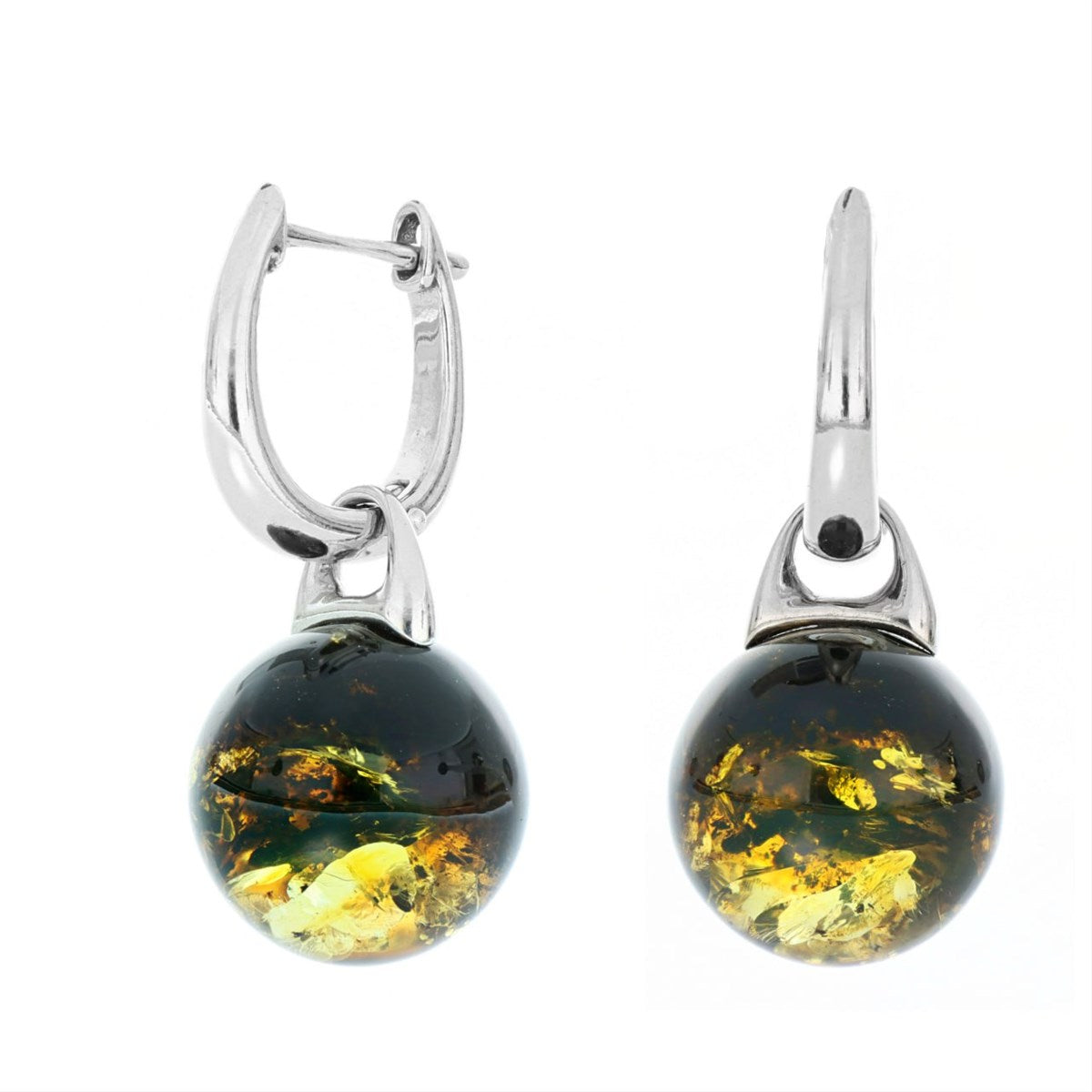 Ball Green-Black Amber Silver Earrings — DARVIN