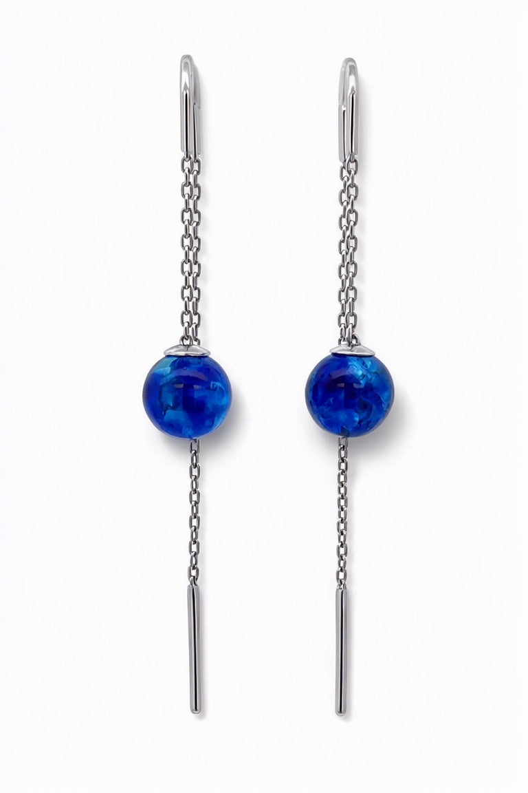 Ball Treated Blue Amber Silver Threader Earrings — DARVIN