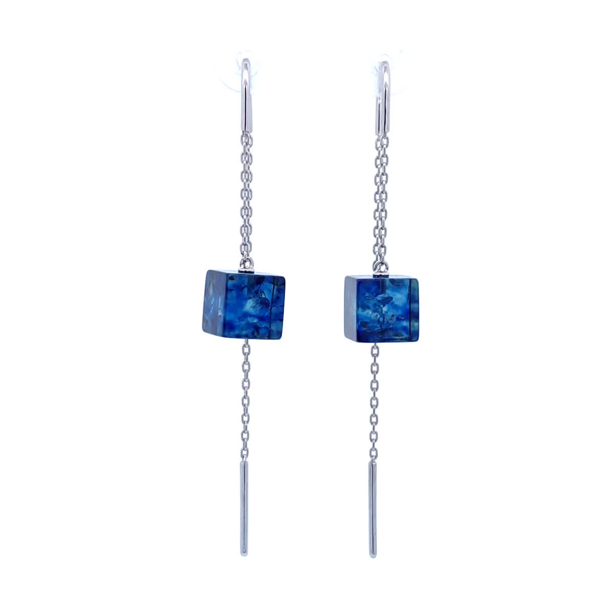 Cube Treated Blue Amber Silver Threader Earrings — DARVIN (Pre-Order)