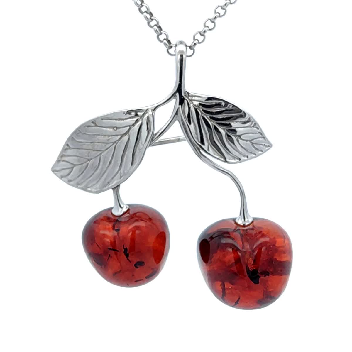 Cherry Cognac Amber Silver Brooch Pendant — DARVIN (Pre-Order)