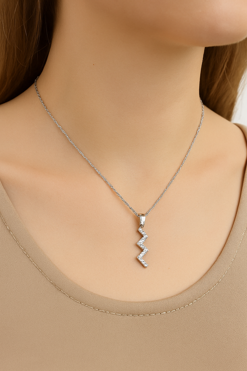Sterling Silver Lightning Pendant with Zirconia – Minimalist Style