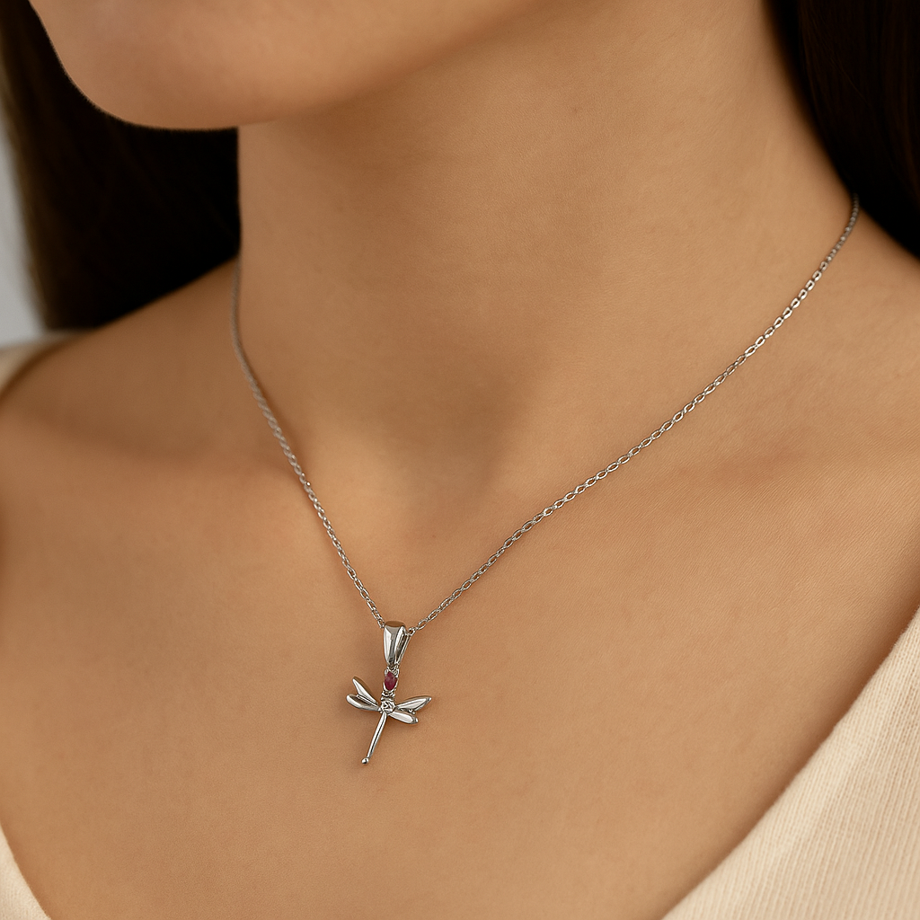 Sterling Silver Dragonfly Pendant with Purple Accent and White Zirconia