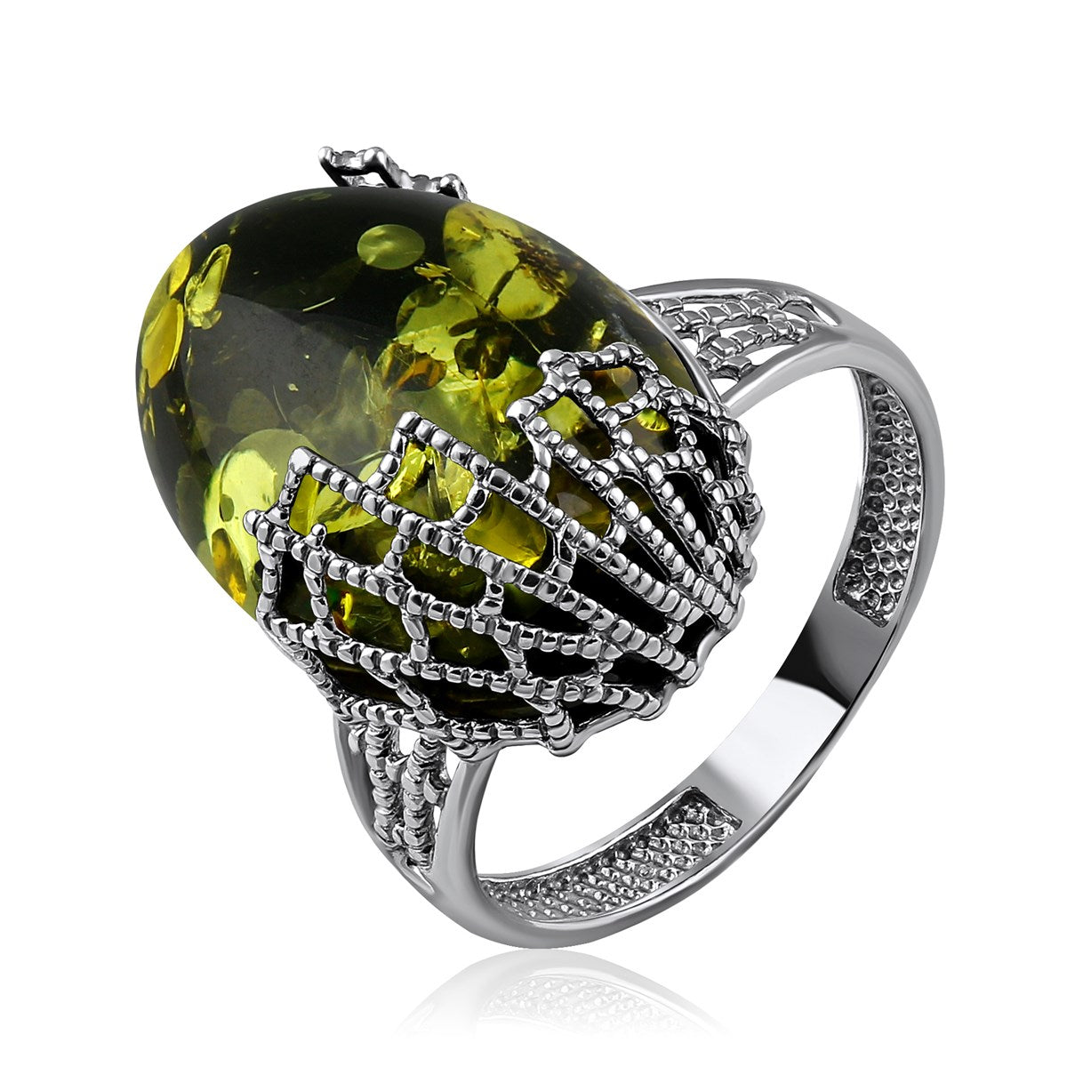 Oval Green Amber Silver Ring — DARVIN (Pre-Order)