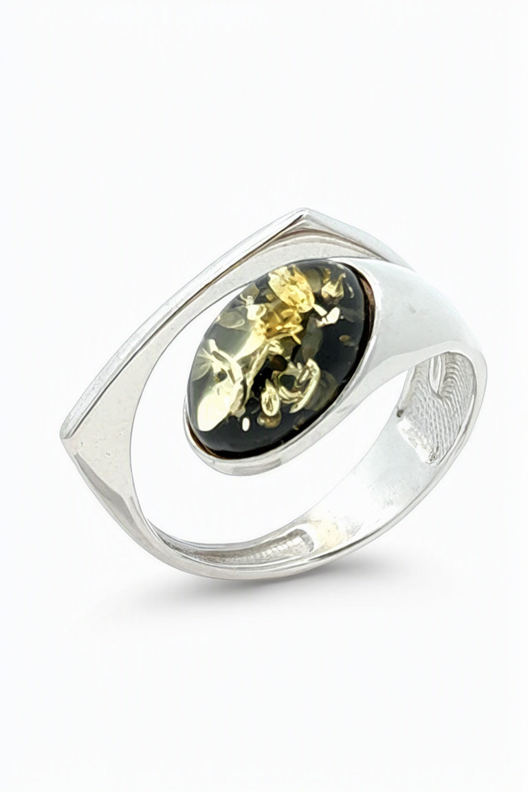 Oval Green Amber Silver Ring — DARVIN