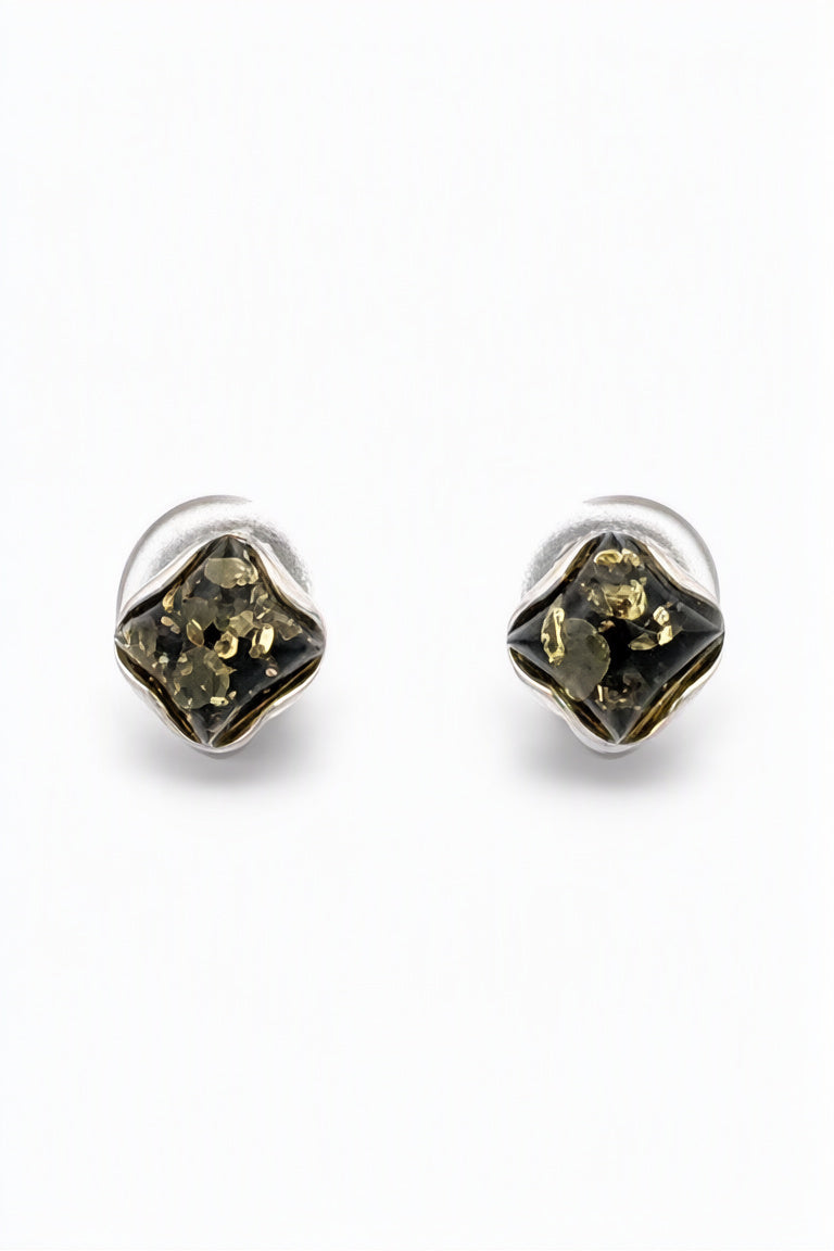 Square Green Amber Silver Stud Earrings — DARVIN (Pre-Order)