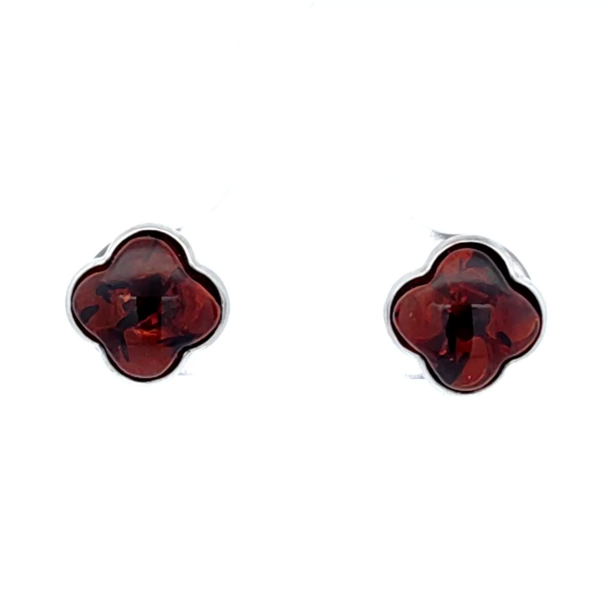 Four-Leaf Clover Cognac Amber Silver Stud Earrings — DARVIN (Pre-Order)