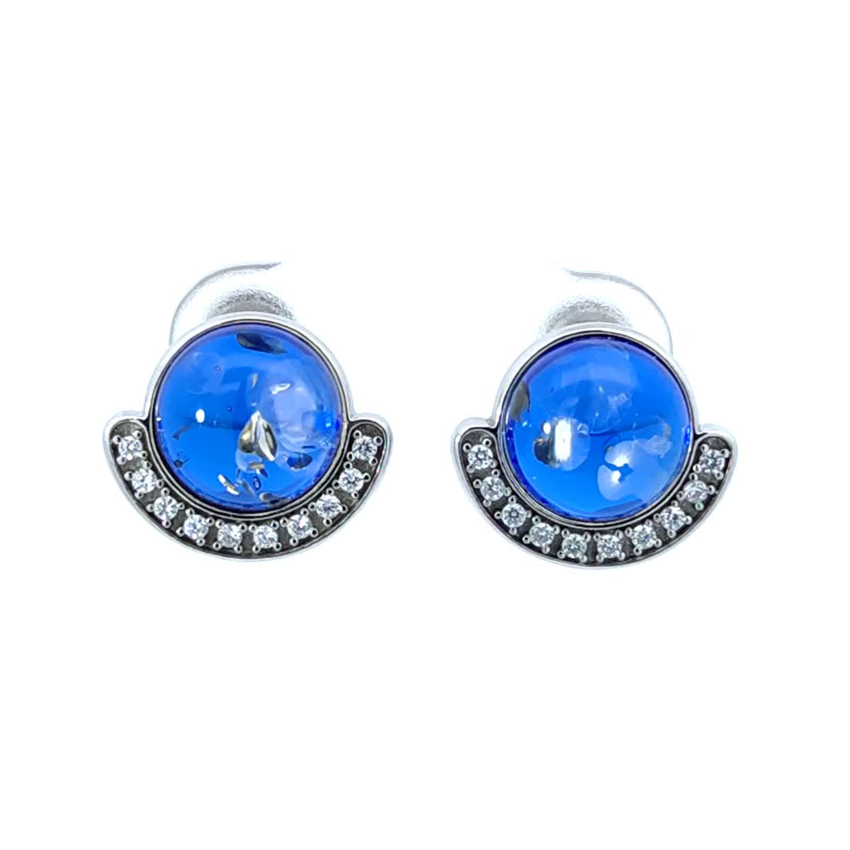 Round Sapphire Blue, Colorless Amber Silver Stud Earrings — DARVIN (Pre-Order)