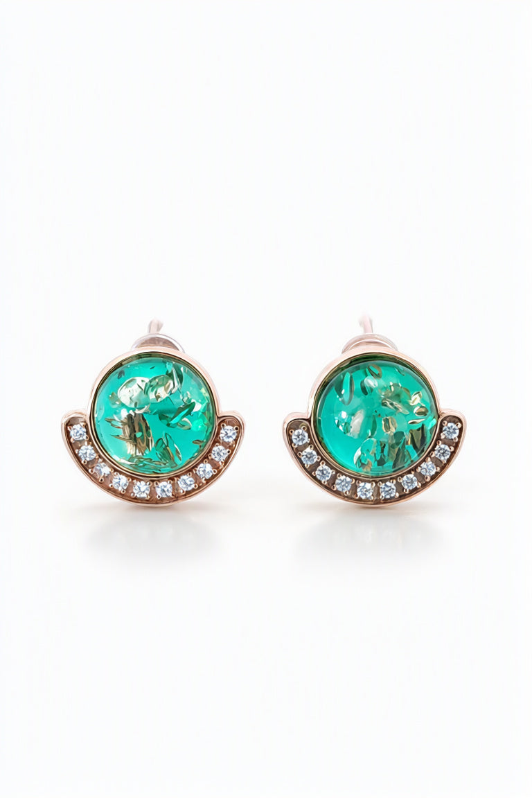 Round Emerald Green, Colorless Amber Silver Stud Earrings — DARVIN (Pre-Order)
