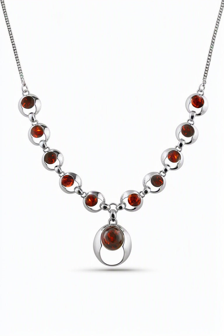 Round Cognac Amber Silver Necklace — DARVIN (Pre-Order)