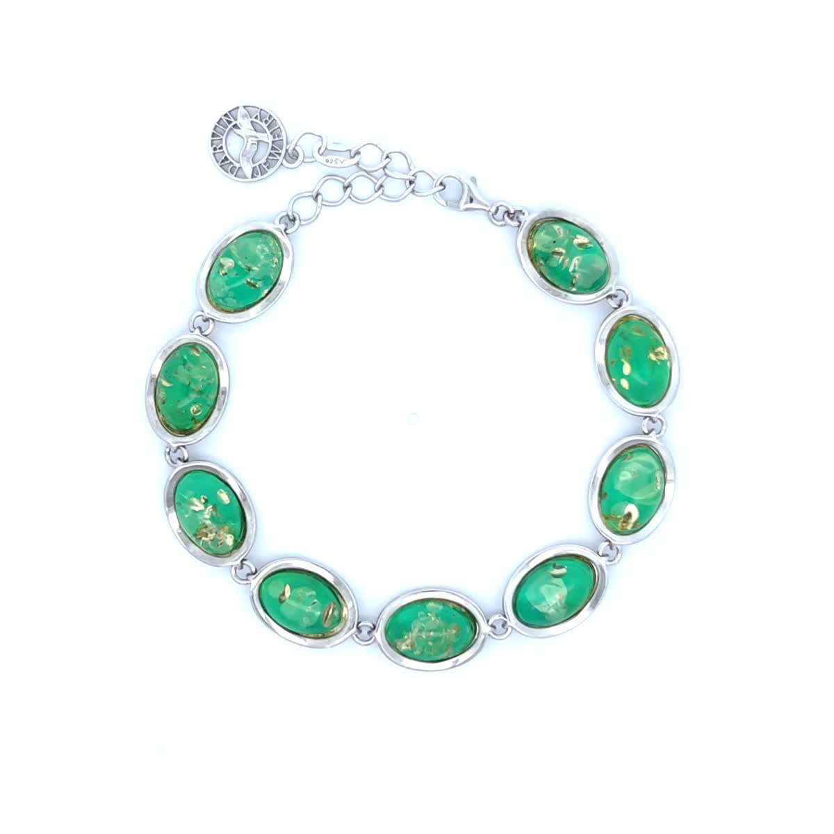 Oval Emerald Green Amber Silver Bracelet — DARVIN (Pre-Order)