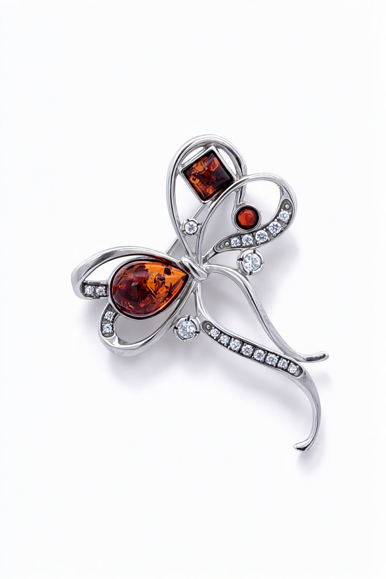 Teardrop Cognac, Colorless Amber Silver Brooch — DARVIN (Pre-Order)
