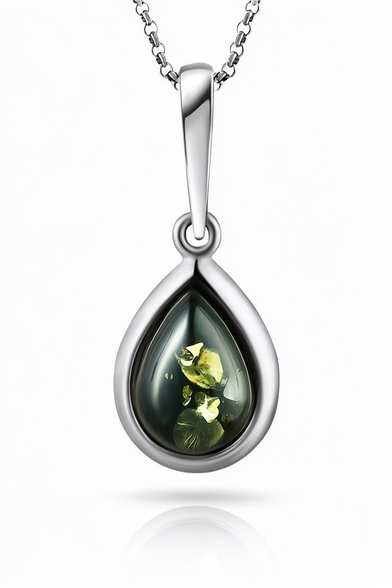 Teardrop Green Amber Silver Pendant — DARVIN (Pre-Order)
