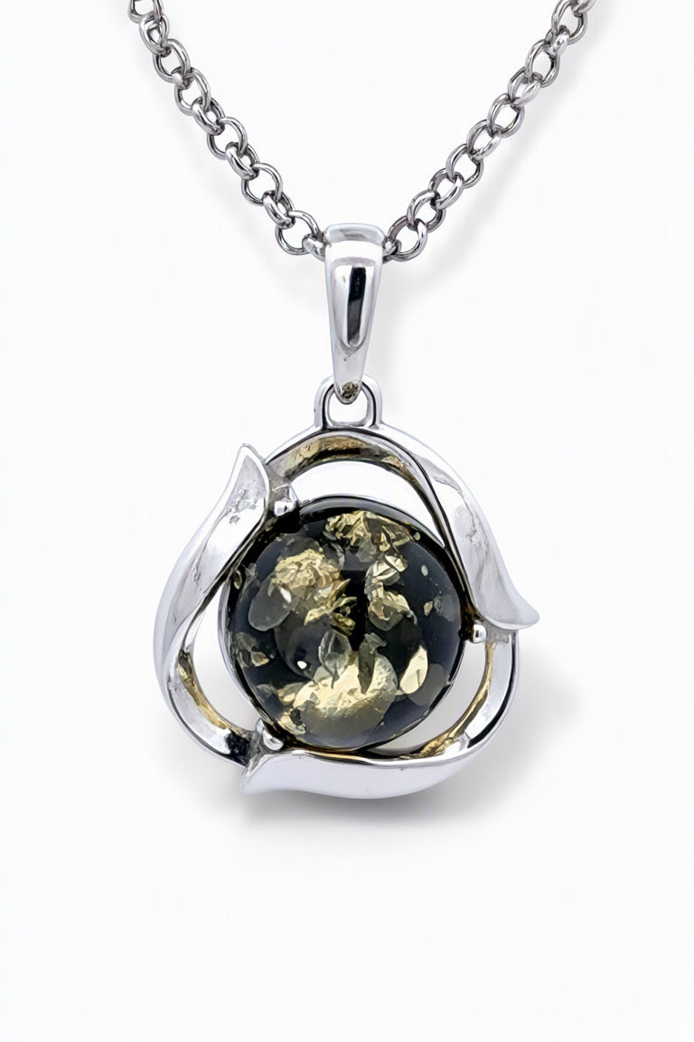 Round Green Amber Silver Pendant — DARVIN (Pre-Order)