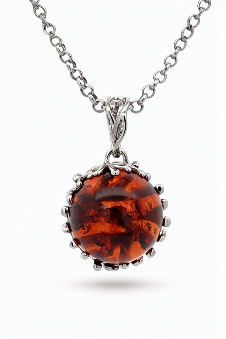 Round Cognac Amber Silver Pendant — DARVIN (Pre-Order)