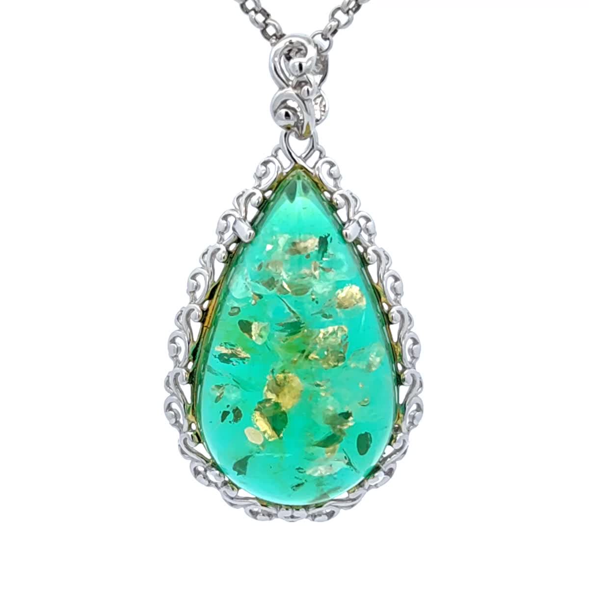 Teardrop Emerald Green Amber Silver Pendant — DARVIN (Pre-Order)