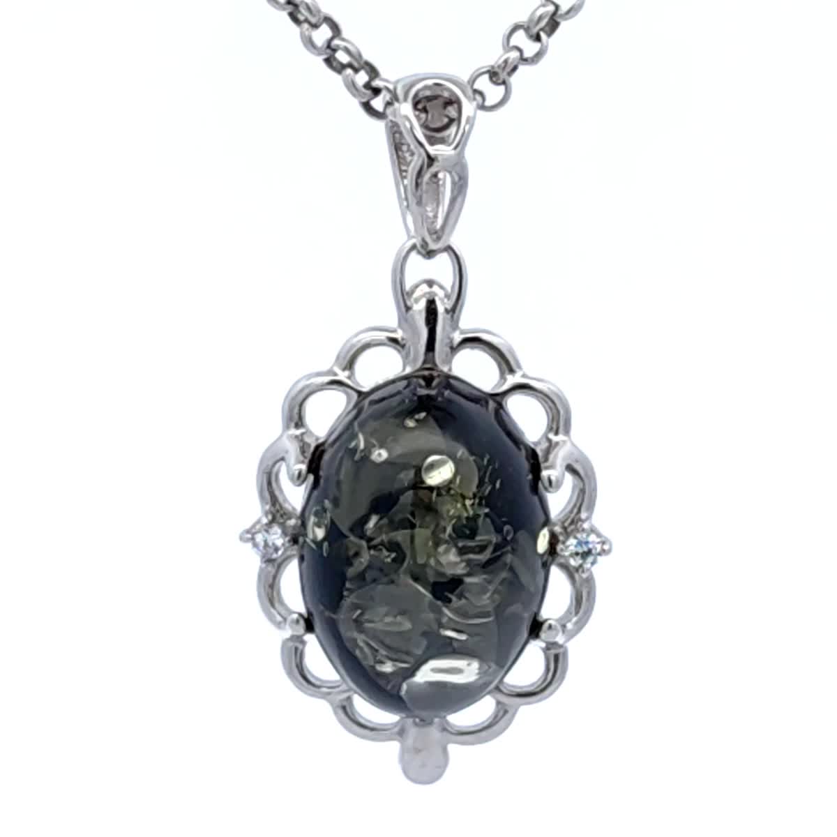 Oval Green, Colorless Amber Silver Pendant — DARVIN (Pre-Order)