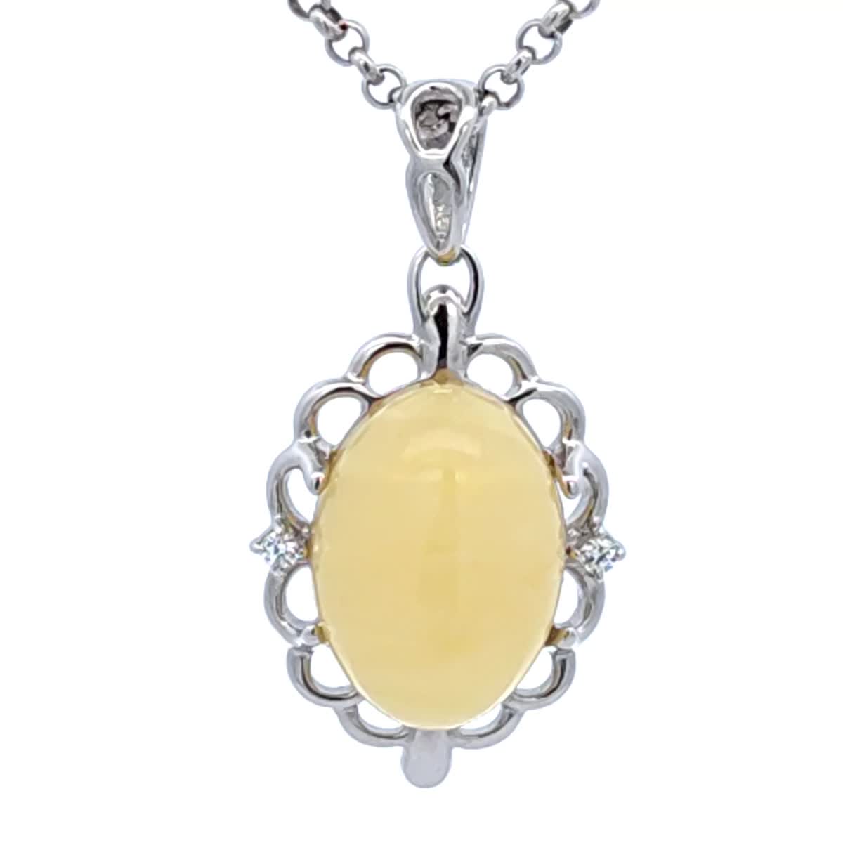 Oval White, Colorless Amber Silver Pendant — DARVIN (Pre-Order)