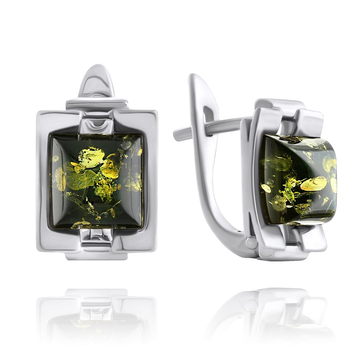 Square Green Amber Silver Earrings — DARVIN (Pre-Order)