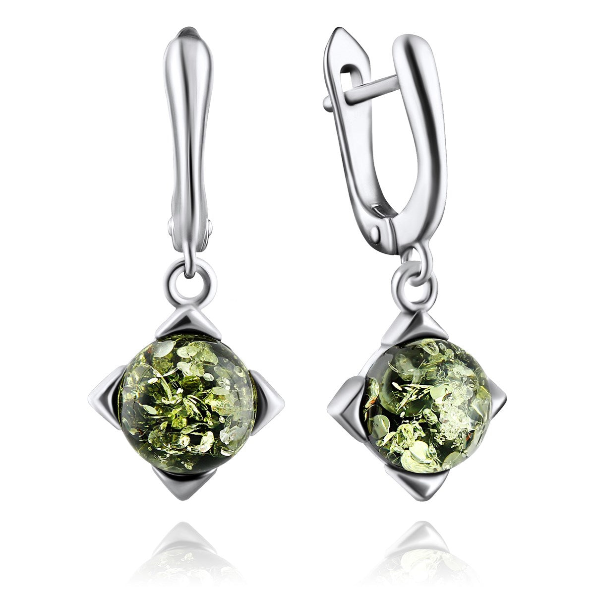 Round Green Amber Silver Earrings — DARVIN (Pre-Order)