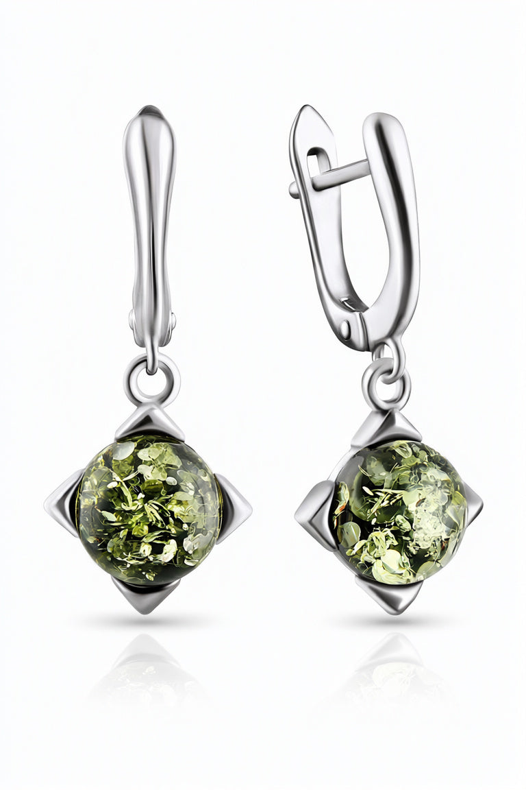 Round Green Amber Silver Earrings — DARVIN (Pre-Order)