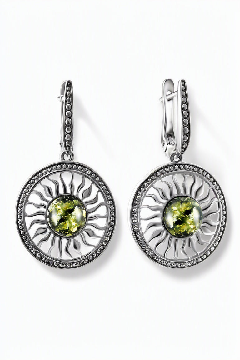 Round Green Amber Silver Earrings — DARVIN (Pre-Order)