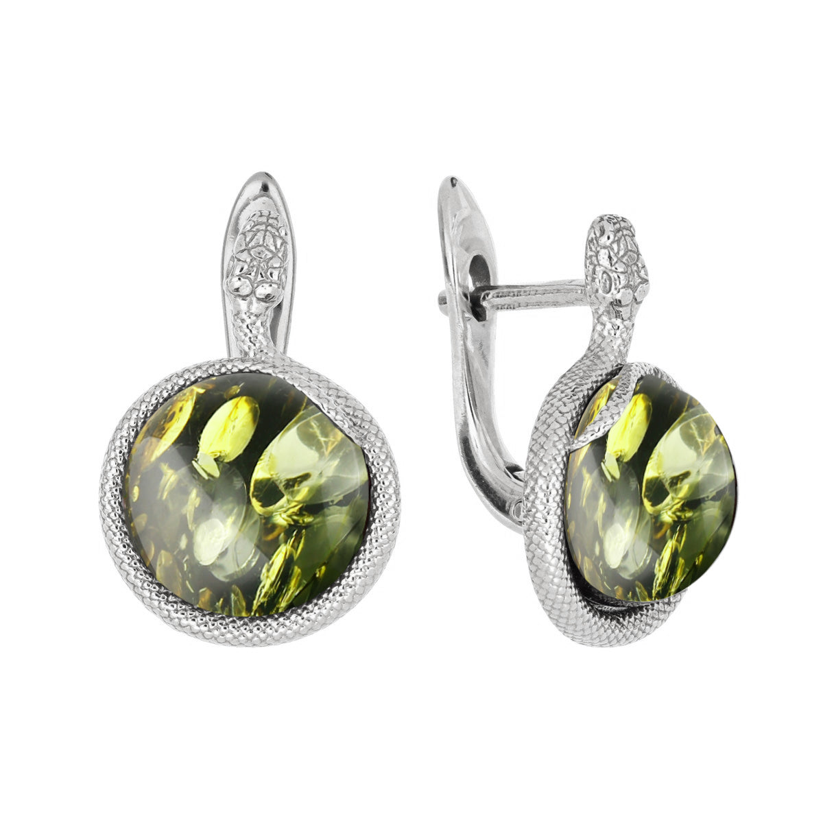 Round Green Amber Silver Earrings — DARVIN (Pre-Order)