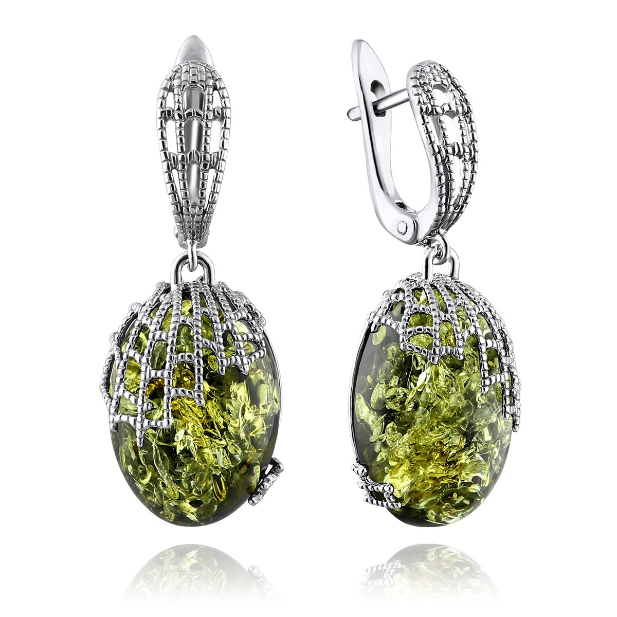 Oval Green Amber Silver Earrings — DARVIN (Pre-Order)