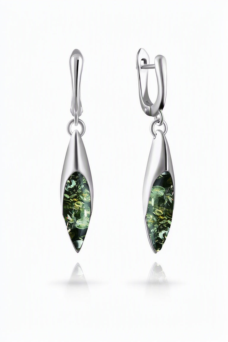 Marquise Green Amber Silver Earrings — DARVIN