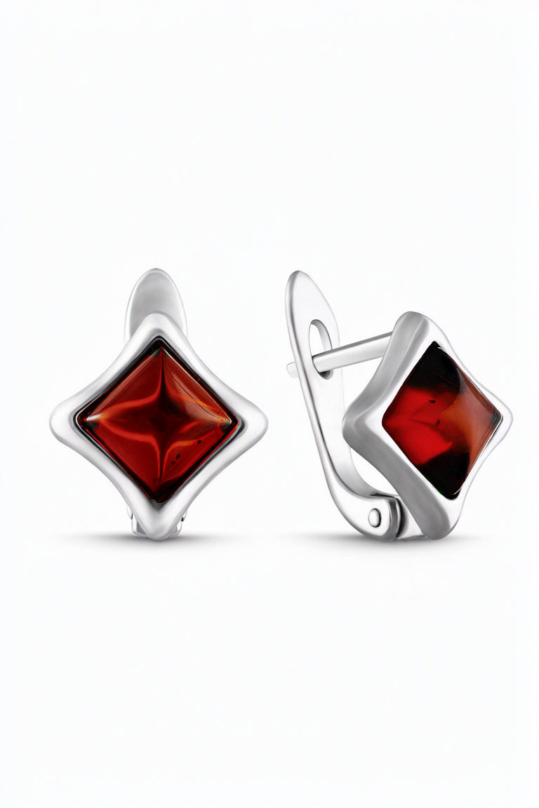 Square Cognac Amber Silver Earrings — DARVIN (Pre-Order)