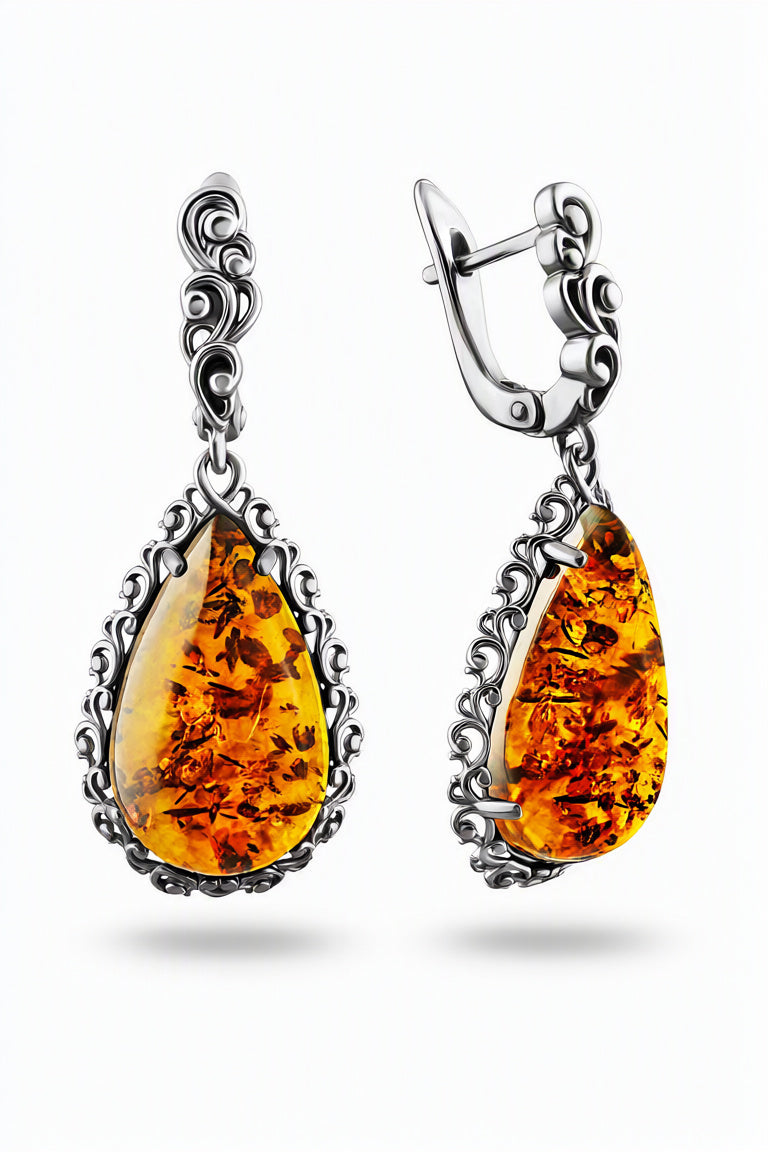 Teardrop Cognac Amber Silver Earrings — DARVIN (Pre-Order)