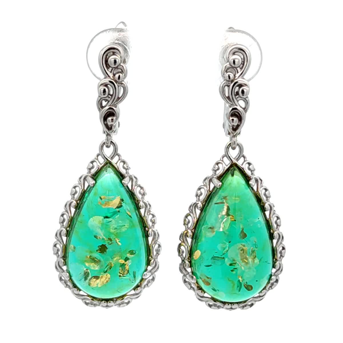 Teardrop Emerald Green Amber Silver Earrings — DARVIN (Pre-Order)