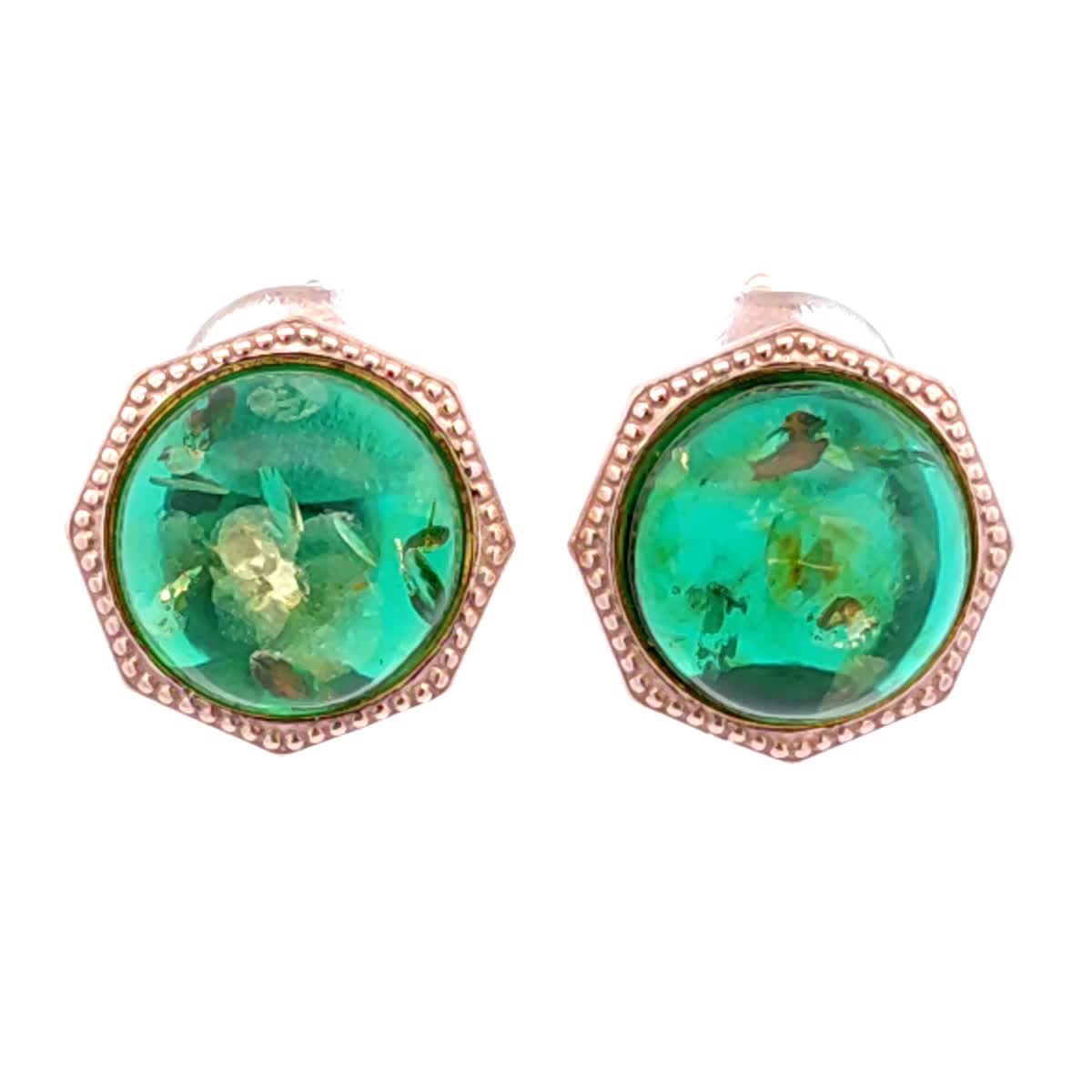Round Emerald Green Amber Silver Earrings — DARVIN (Pre-Order)