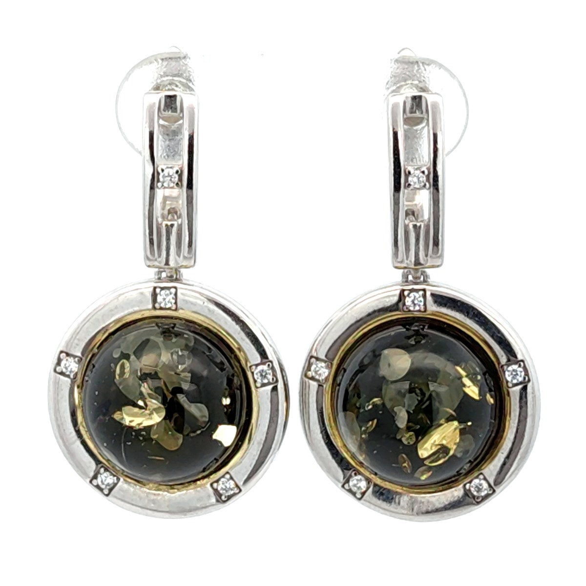 Round Green, Colorless Amber Silver Earrings — DARVIN (Pre-Order)