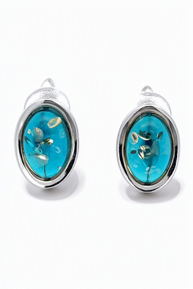 Oval Greenish-Blue Amber Silver Earrings — DARVIN (Pre-Order)