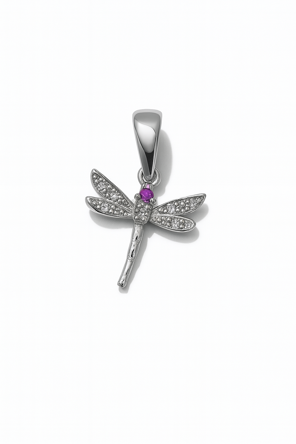 Sterling Silver Dragonfly Pendant with Purple Accent and White Zirconia