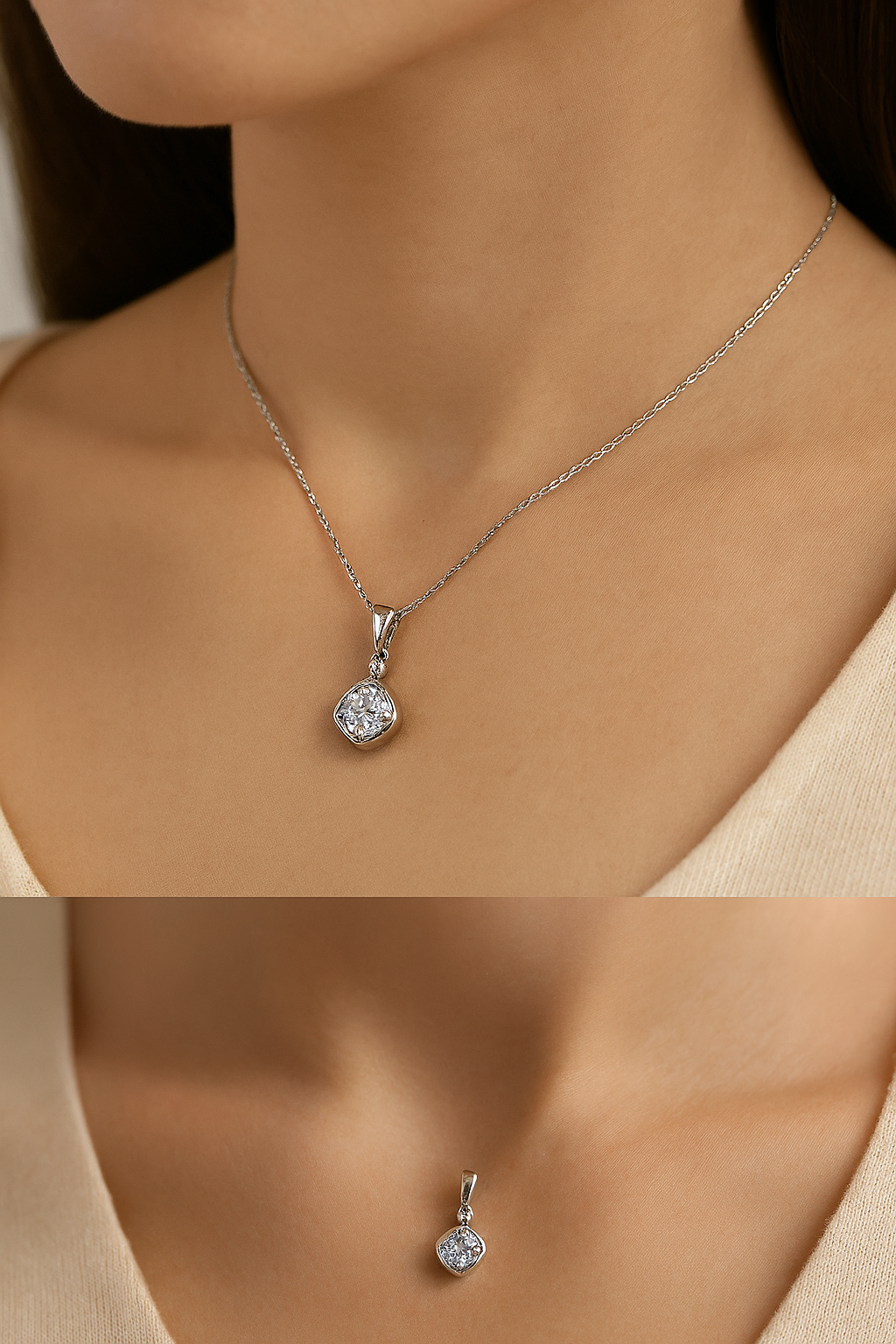 Sterling Silver Pendant with Clear Cushion-Cut Zirconia